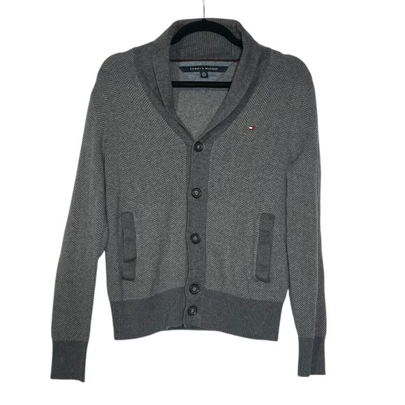 Tommy Hilfiger Fishermen Cardigan Herringbone Pattern Gray and White Size XS - Picture 1 of 8